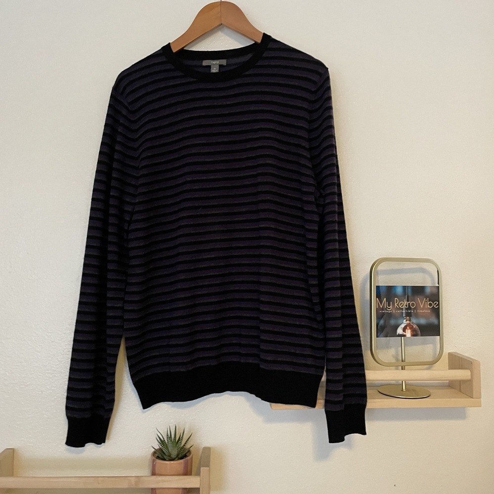 APT.9  Merino Wool Size Medium Black Purple Gray‎ Stripe Men Sweater